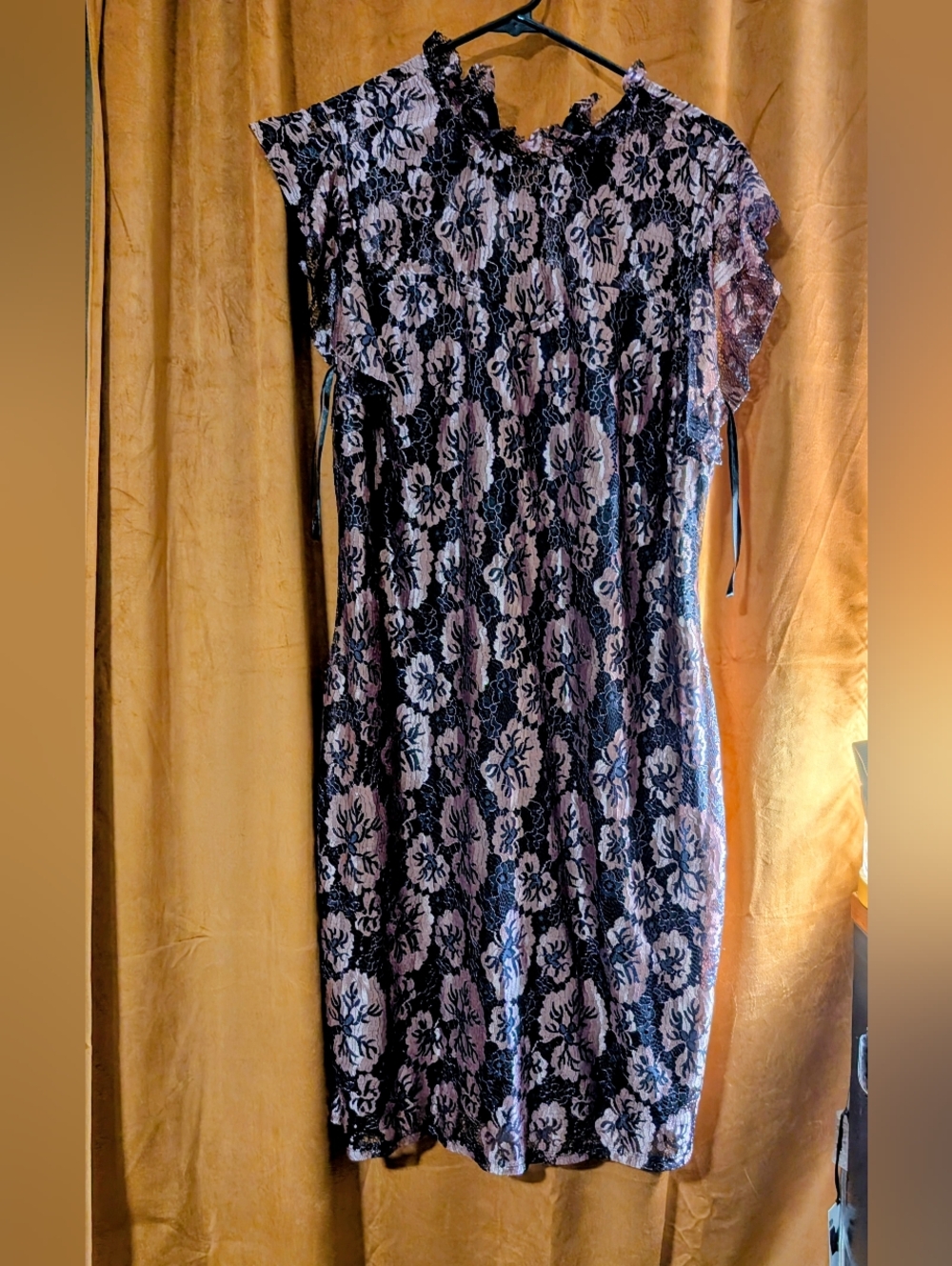 Floral Lace Overlay Pink and Black Sheath Dress